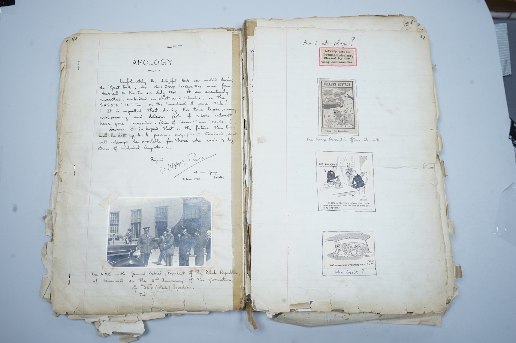 A WWII RAF operations scrapbook relating to RAF Bawtry, dating from 1939 onwards, containing related newspaper cuttings, pamphlets, including photographs of HRH the Duchess of Gloucester visiting Bawtry, photographs show